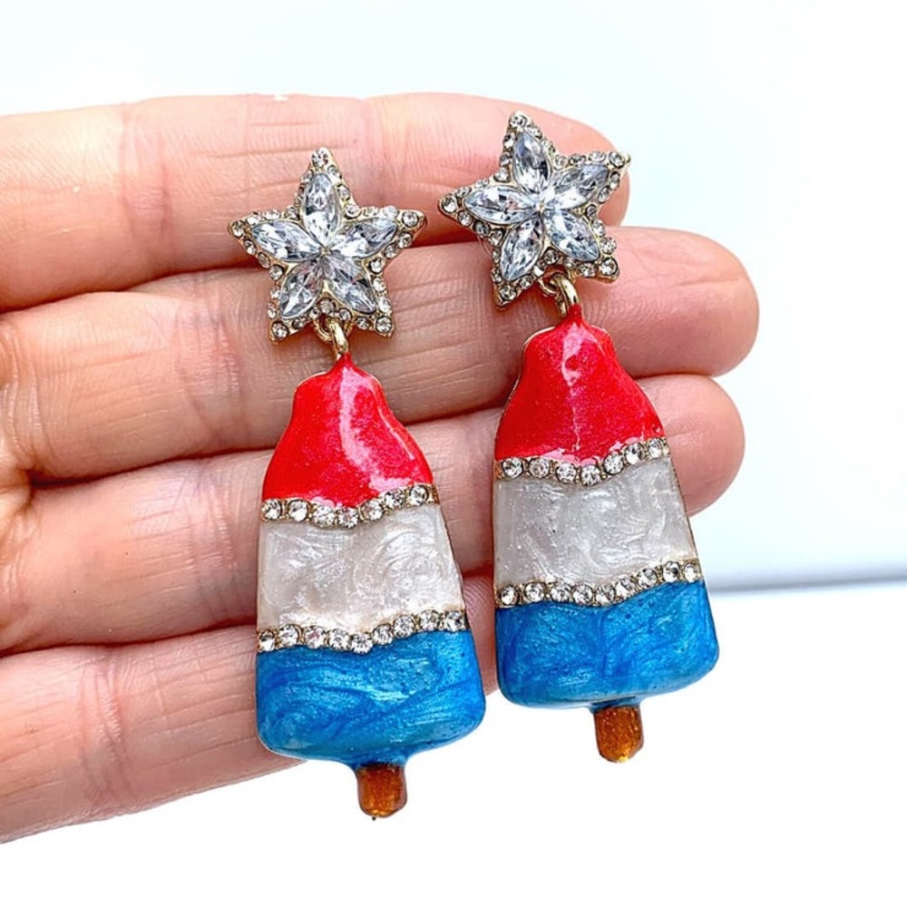 Patriotic Red White Blue Bomb Pop Popsicle Star Earrings - Picture 7 of 9
